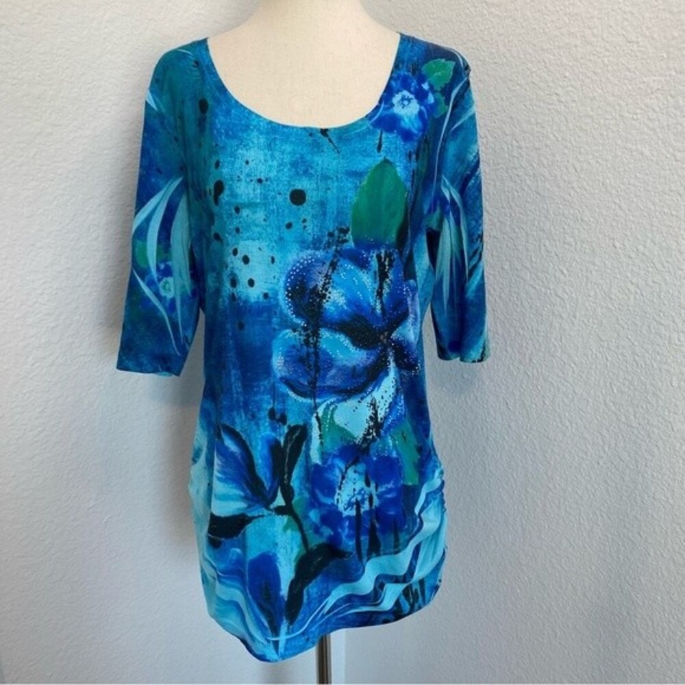 Blue Aqua Black Floral Abstract Sparkle Studded Short Sleeve Scoop Neck Top SZ L